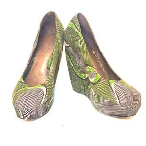 Aldo Green, Brown, Tan Patterned Wedges (Euro 38)